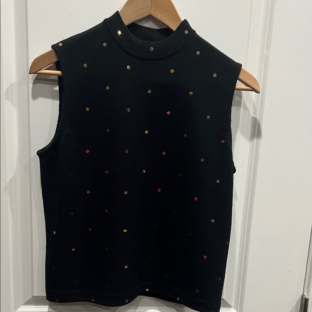 St John Evening mock neck, sleeveless knit shell with sequins.